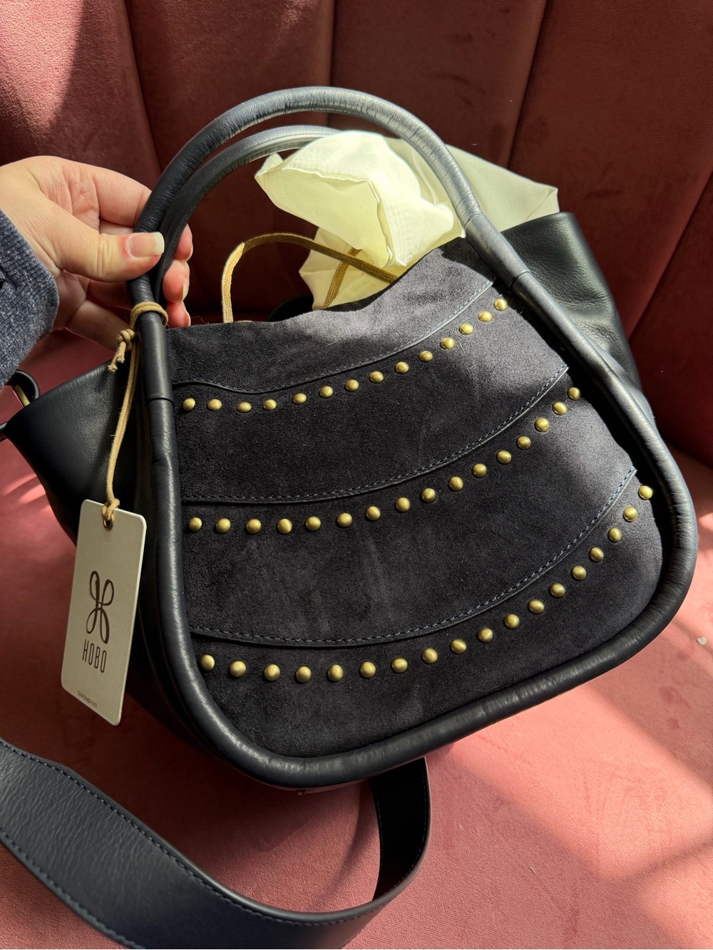 HOBO navy Margot Suede and Leather Studded Hobo Bag